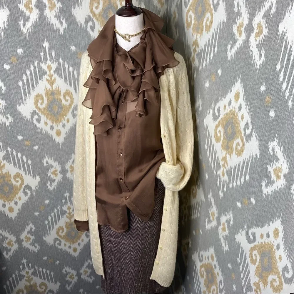 Ralph Lauren Vanilla Cable Knit Cashmere Long Line Cardigan Sweater Coat